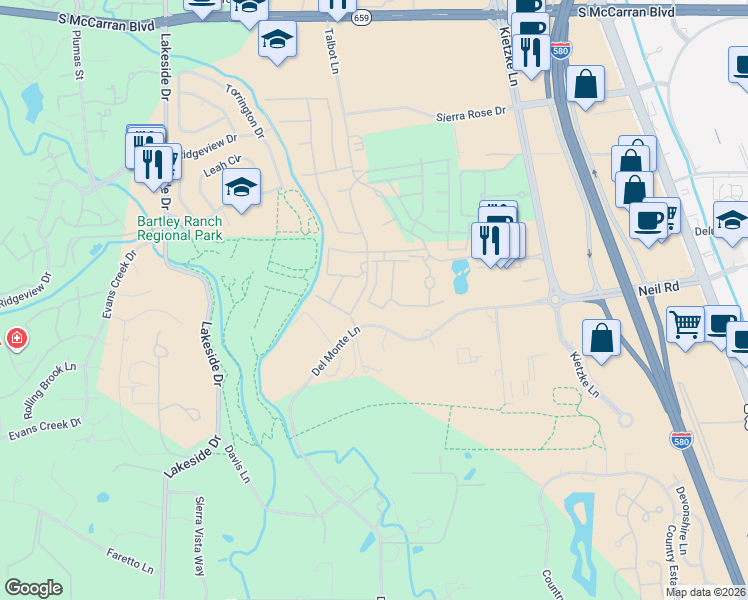 map of restaurants, bars, coffee shops, grocery stores, and more near 6001 Talbot Lane in Reno