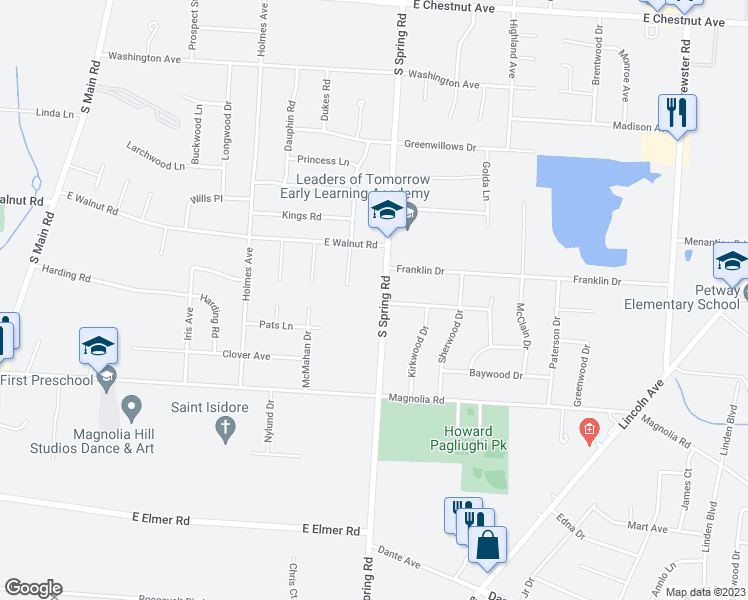 map of restaurants, bars, coffee shops, grocery stores, and more near 1178 South Spring Road in Vineland