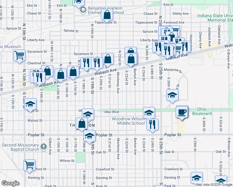 map of restaurants, bars, coffee shops, grocery stores, and more near 50 South 21st Street in Terre Haute