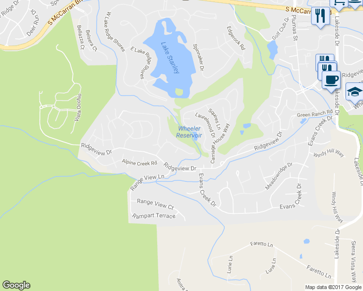 map of restaurants, bars, coffee shops, grocery stores, and more near 2493 Granite Springs Road in Reno