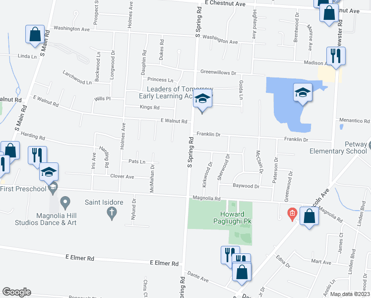 map of restaurants, bars, coffee shops, grocery stores, and more near 1178 South Spring Road in Vineland