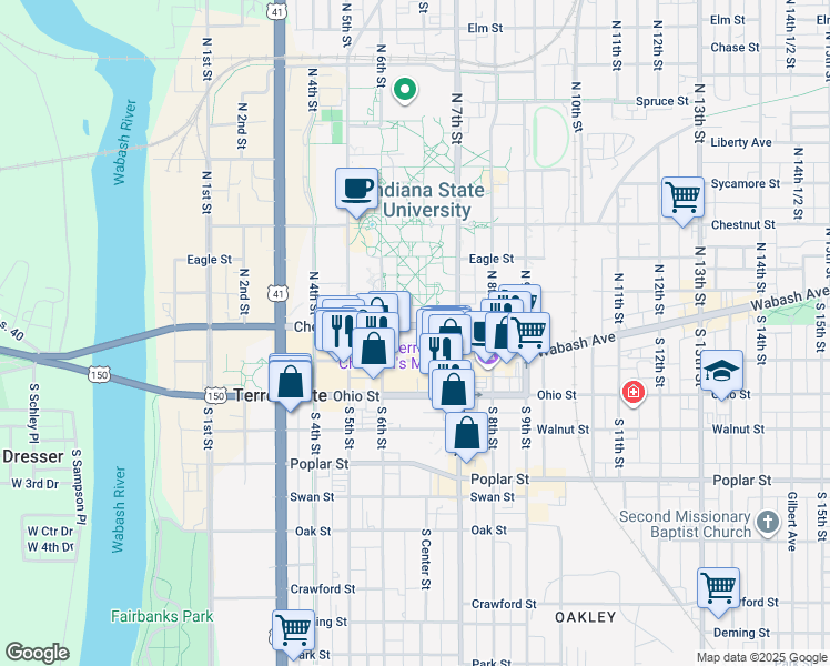 map of restaurants, bars, coffee shops, grocery stores, and more near 650 Cherry Street in Terre Haute