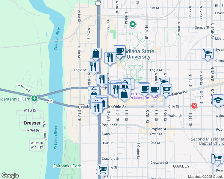 map of restaurants, bars, coffee shops, grocery stores, and more near 131 North 4th Street in Terre Haute