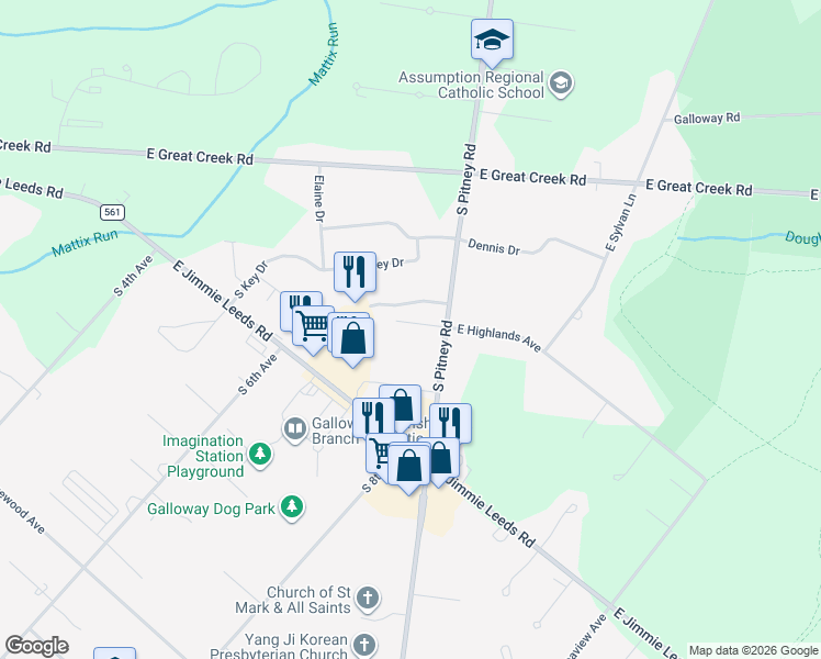 map of restaurants, bars, coffee shops, grocery stores, and more near 349 Town Center Drive in Absecon