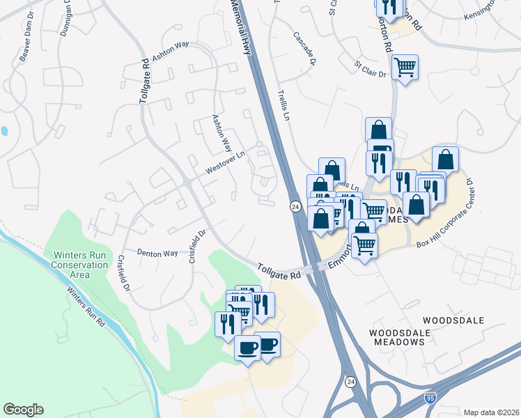 map of restaurants, bars, coffee shops, grocery stores, and more near 3504 Back Pointe Court in Abingdon