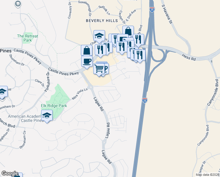 map of restaurants, bars, coffee shops, grocery stores, and more near 399 Courtfield Way in Castle Pines