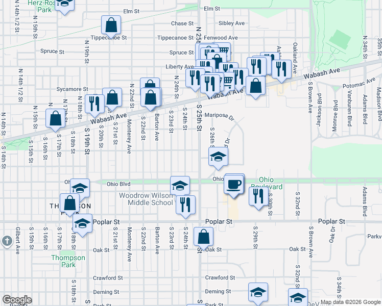 map of restaurants, bars, coffee shops, grocery stores, and more near 2421 Warren Street in Terre Haute