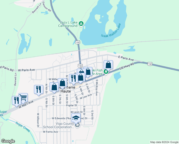 map of restaurants, bars, coffee shops, grocery stores, and more near 201 West Miller Avenue in West Terre Haute