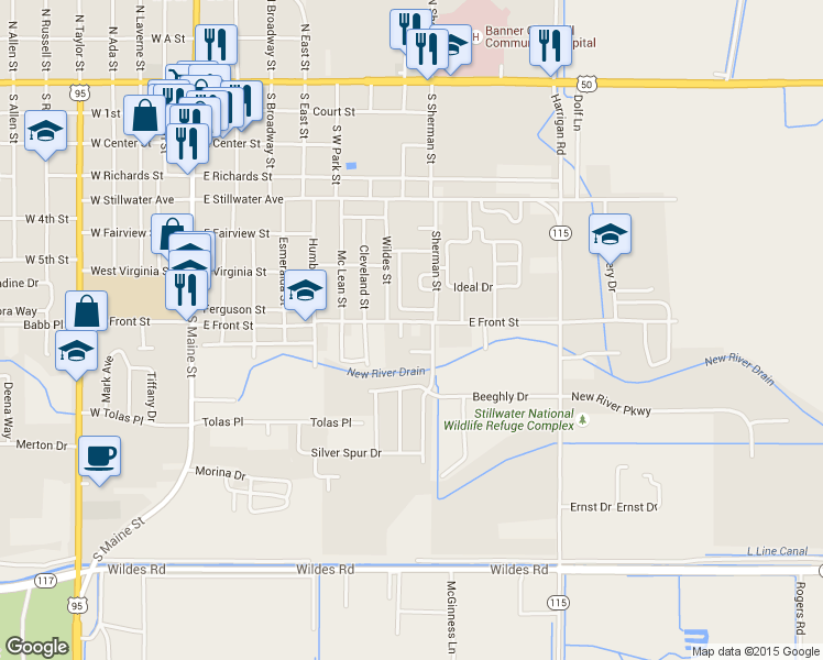 map of restaurants, bars, coffee shops, grocery stores, and more near 670 East Front Street in Fallon