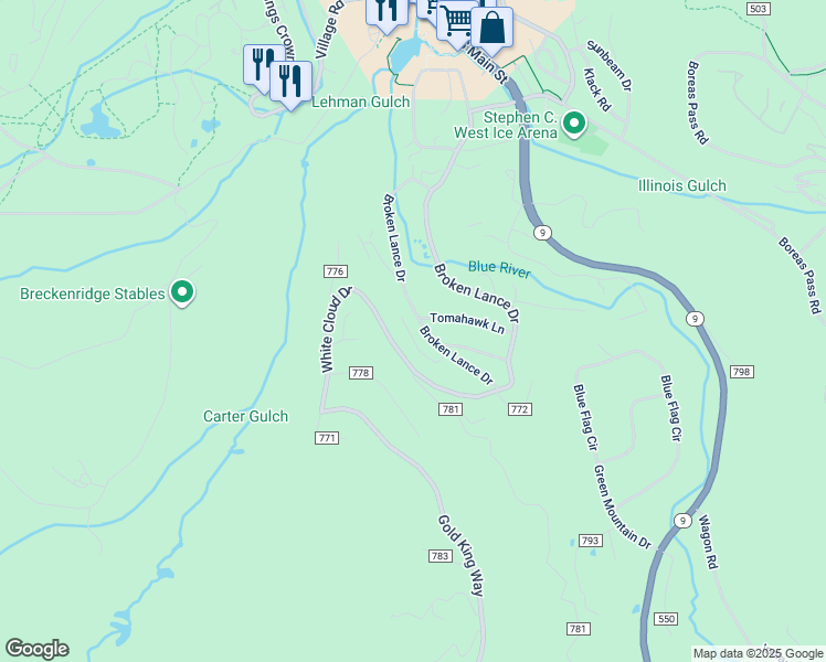map of restaurants, bars, coffee shops, grocery stores, and more near 110 Now Colorado Court in Breckenridge