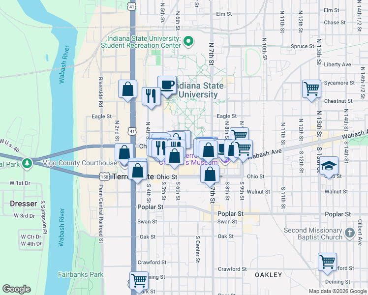 map of restaurants, bars, coffee shops, grocery stores, and more near 610 Cherry Street in Terre Haute