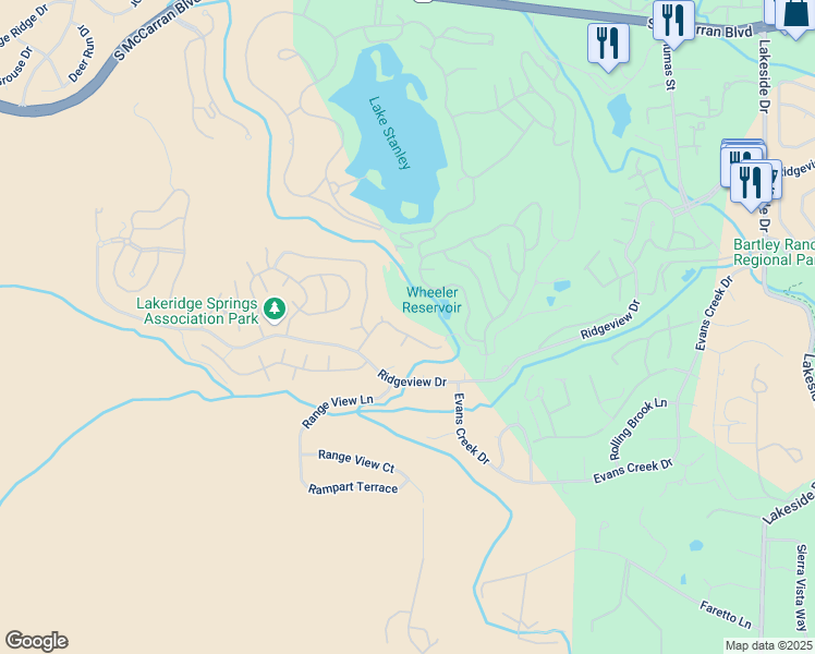 map of restaurants, bars, coffee shops, grocery stores, and more near 2493 Granite Springs Road in Reno