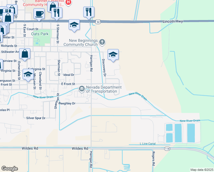 map of restaurants, bars, coffee shops, grocery stores, and more near 1202 East Front Street in Fallon