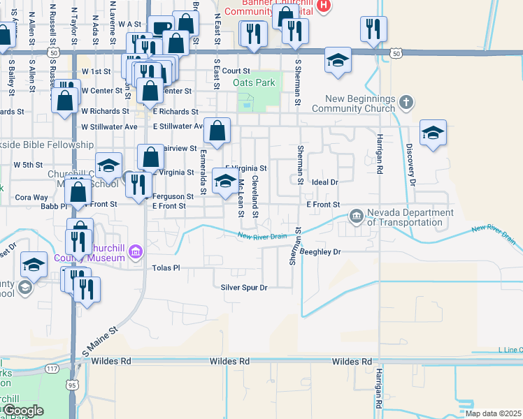 map of restaurants, bars, coffee shops, grocery stores, and more near 721 Cleveland Street in Fallon