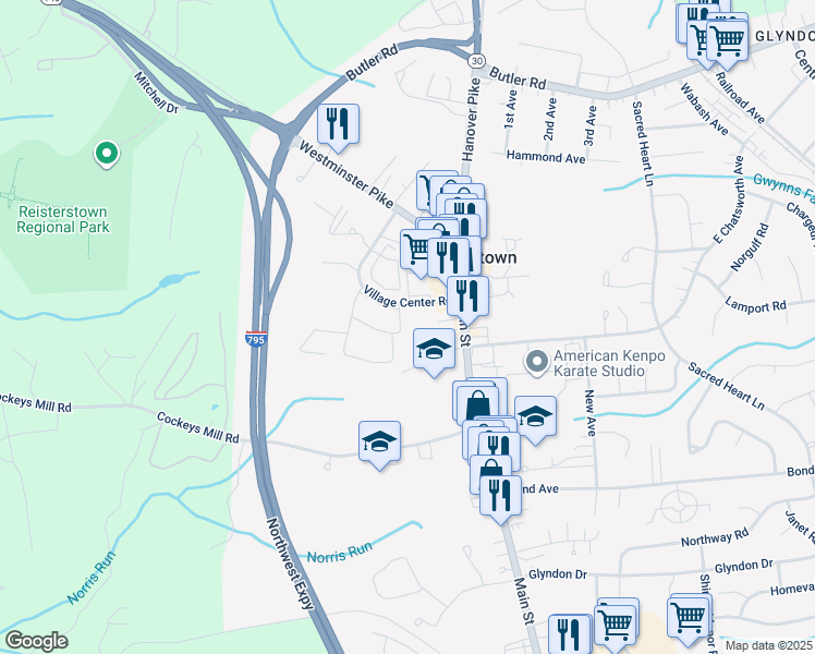 map of restaurants, bars, coffee shops, grocery stores, and more near 217 Pidco Road in Reisterstown