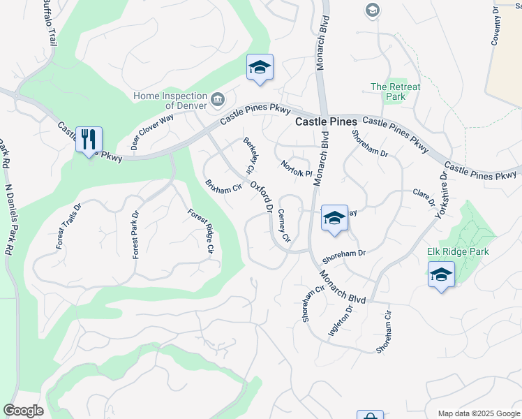 map of restaurants, bars, coffee shops, grocery stores, and more near 731 Norwich Court in Castle Pines