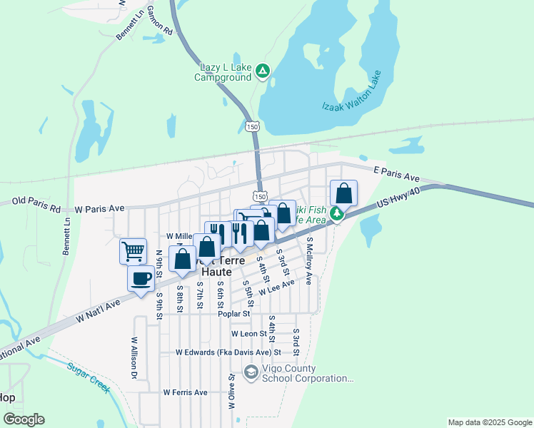 map of restaurants, bars, coffee shops, grocery stores, and more near 299 West Johnson Avenue in West Terre Haute