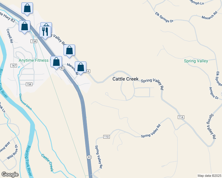 map of restaurants, bars, coffee shops, grocery stores, and more near 1376-2998 Spring Valley Road in Glenwood Springs