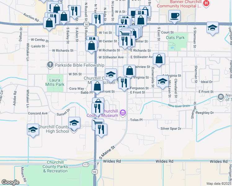 map of restaurants, bars, coffee shops, grocery stores, and more near 77 West Front Street in Fallon