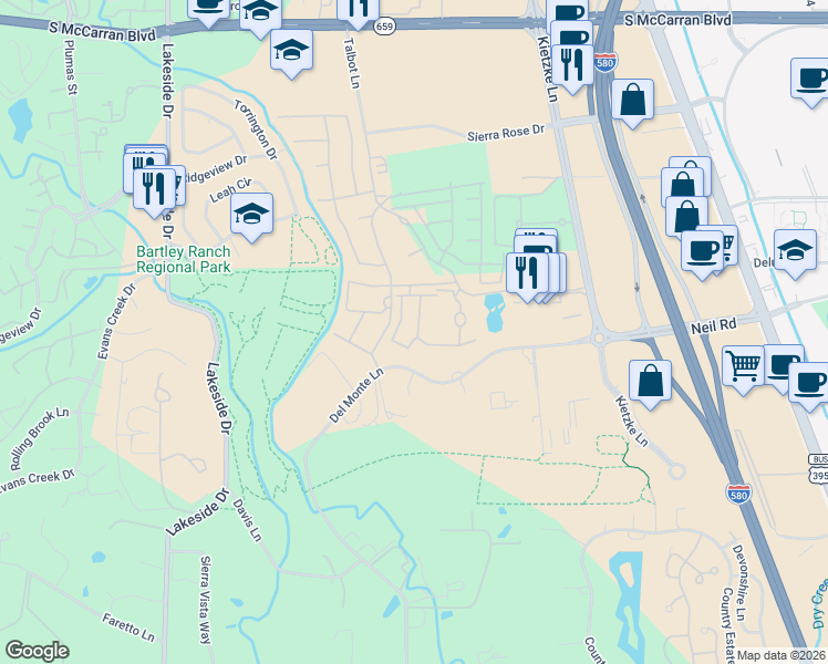 map of restaurants, bars, coffee shops, grocery stores, and more near 6001 Talbot Lane in Reno