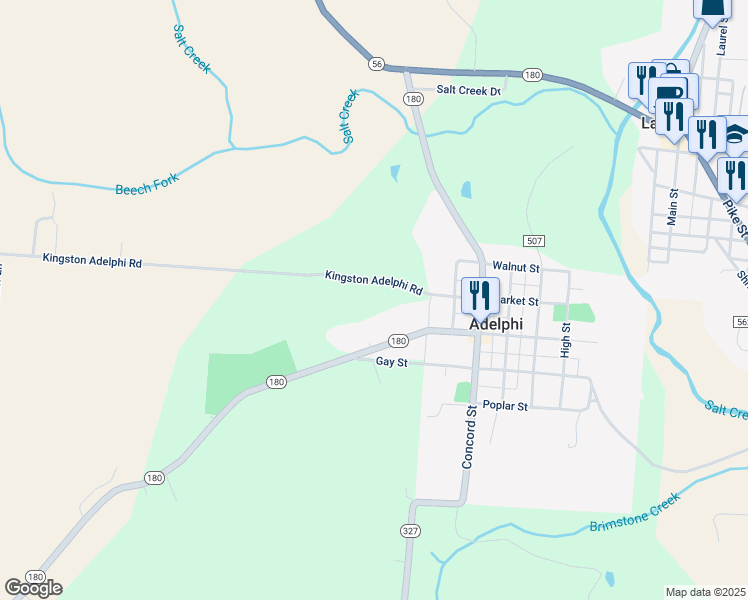 map of restaurants, bars, coffee shops, grocery stores, and more near 15413 Kingston Adelphi Road in Laurelville