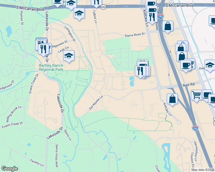map of restaurants, bars, coffee shops, grocery stores, and more near 6001 Talbot Lane in Reno