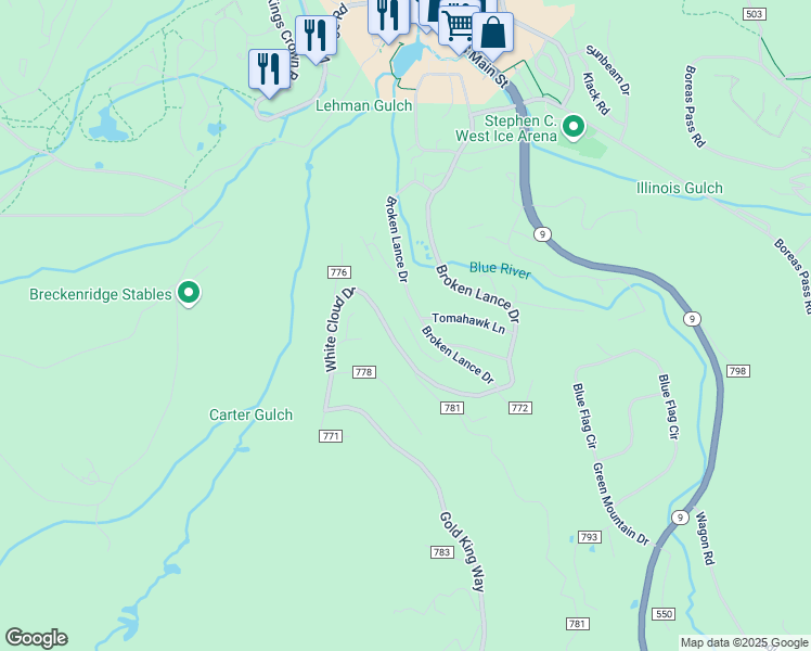 map of restaurants, bars, coffee shops, grocery stores, and more near 110 Now Colorado Court in Breckenridge