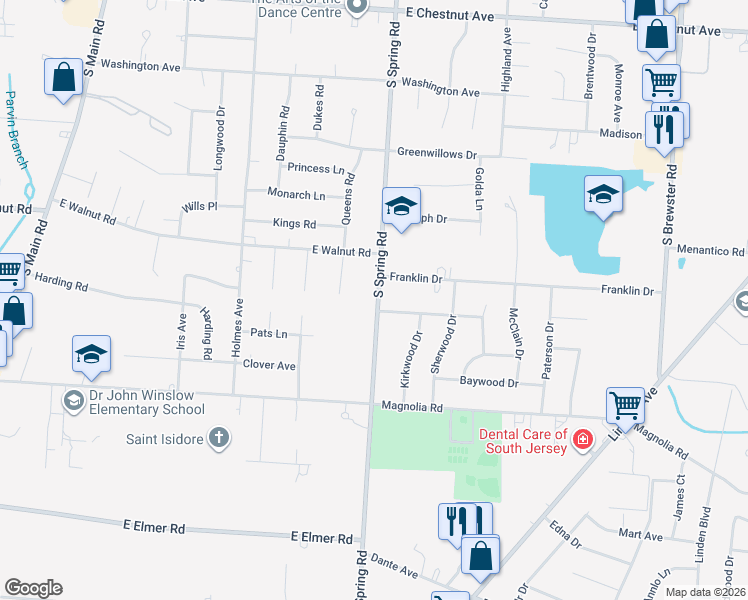 map of restaurants, bars, coffee shops, grocery stores, and more near 1135 South Spring Road in Vineland