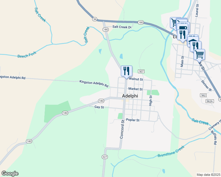 map of restaurants, bars, coffee shops, grocery stores, and more near 15489 Kingston Adelphi Road in Laurelville