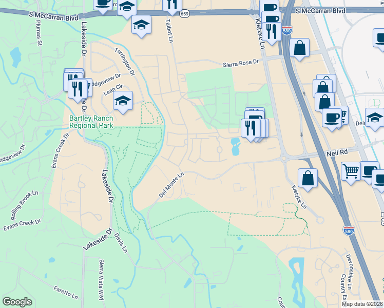 map of restaurants, bars, coffee shops, grocery stores, and more near 6001 Talbot Lane in Reno