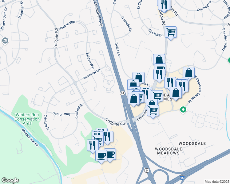 map of restaurants, bars, coffee shops, grocery stores, and more near 3508 Back Pointe Court in Abingdon