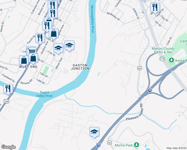map of restaurants, bars, coffee shops, grocery stores, and more near Patrick Drive in Pleasant Valley