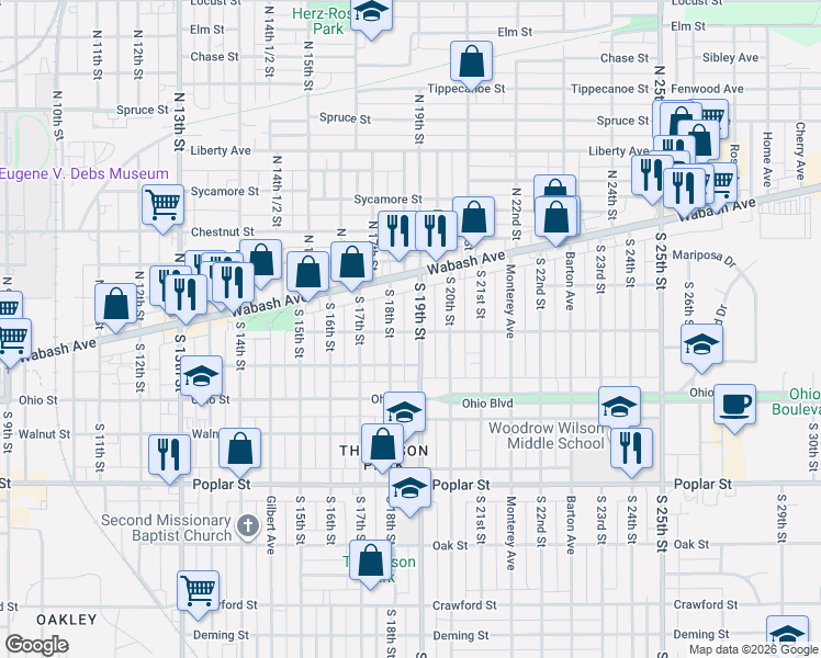 map of restaurants, bars, coffee shops, grocery stores, and more near 45 South 19th Street in Terre Haute