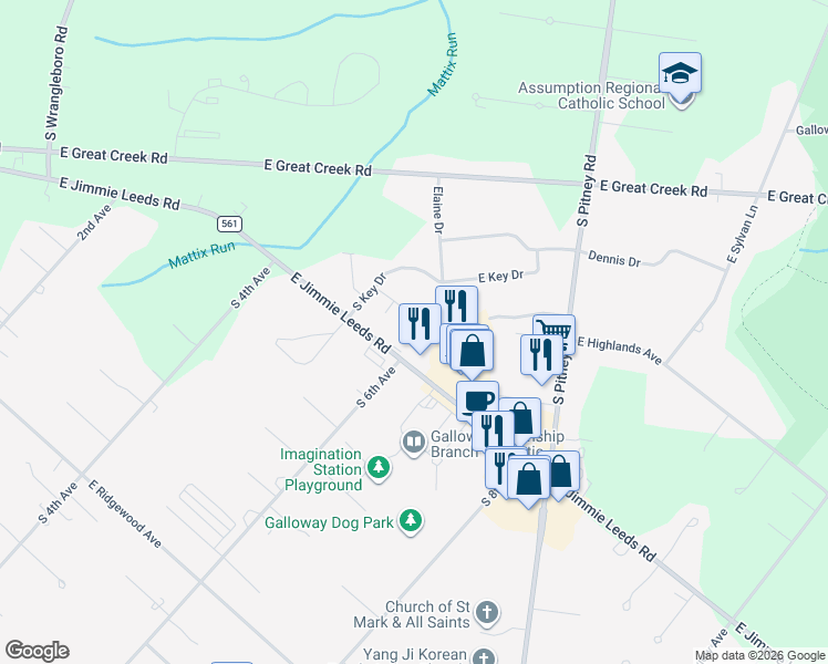 map of restaurants, bars, coffee shops, grocery stores, and more near 311 Sandy Lane in Galloway