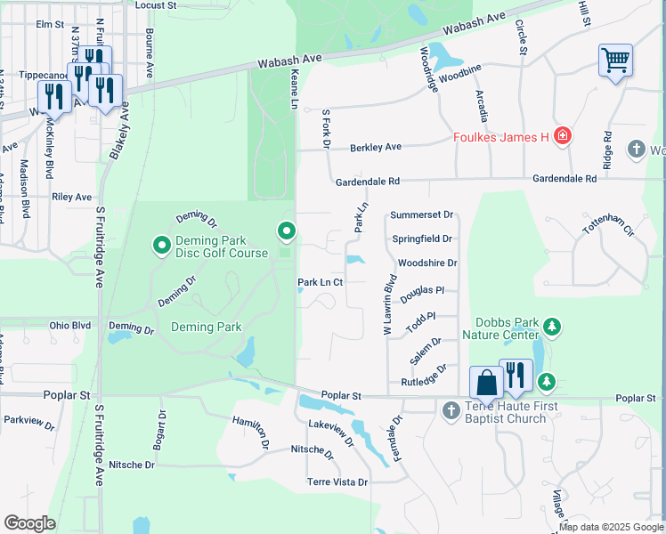 map of restaurants, bars, coffee shops, grocery stores, and more near 4425 Devonshire Court in Terre Haute
