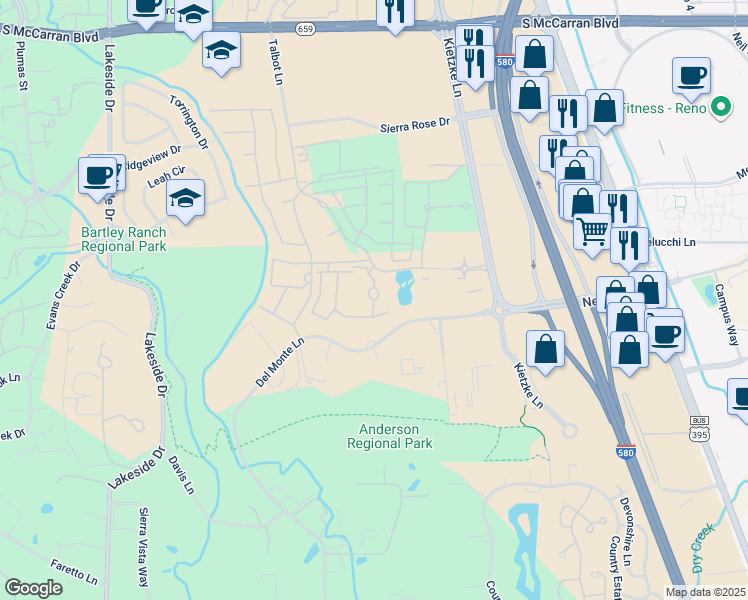 map of restaurants, bars, coffee shops, grocery stores, and more near 6125 Talbot Lane in Reno