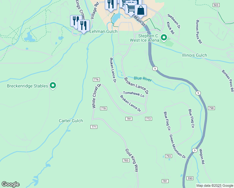 map of restaurants, bars, coffee shops, grocery stores, and more near 110 Now Colorado Court in Breckenridge
