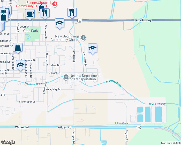 map of restaurants, bars, coffee shops, grocery stores, and more near 1223 East Front Street in Fallon