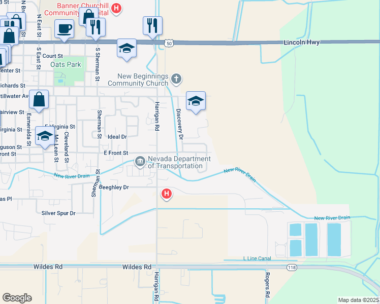 map of restaurants, bars, coffee shops, grocery stores, and more near 1223 East Front Street in Fallon