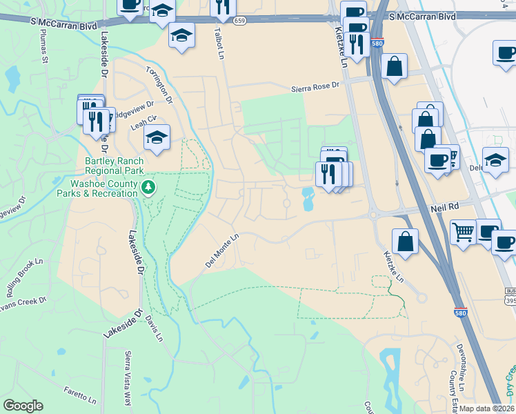 map of restaurants, bars, coffee shops, grocery stores, and more near 6001 Talbot Lane in Reno