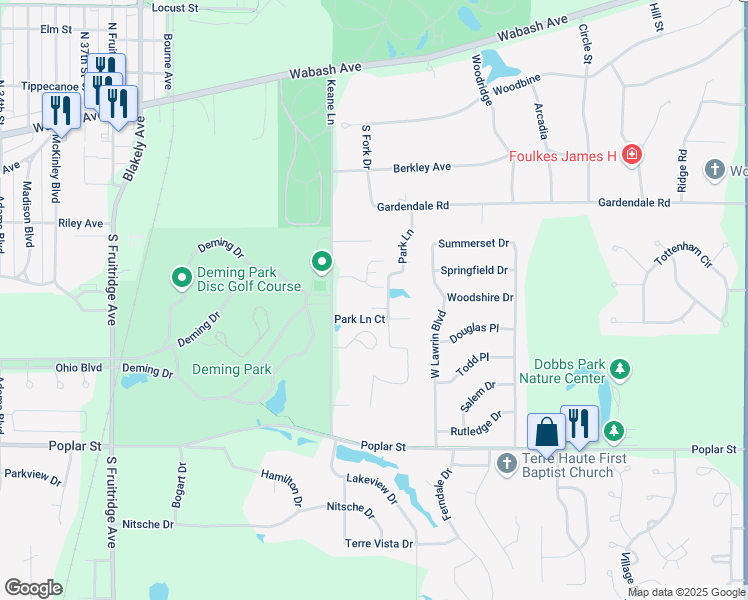 map of restaurants, bars, coffee shops, grocery stores, and more near 4425 Devonshire Court in Terre Haute