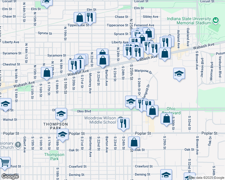 map of restaurants, bars, coffee shops, grocery stores, and more near 134 South 23rd Street in Terre Haute
