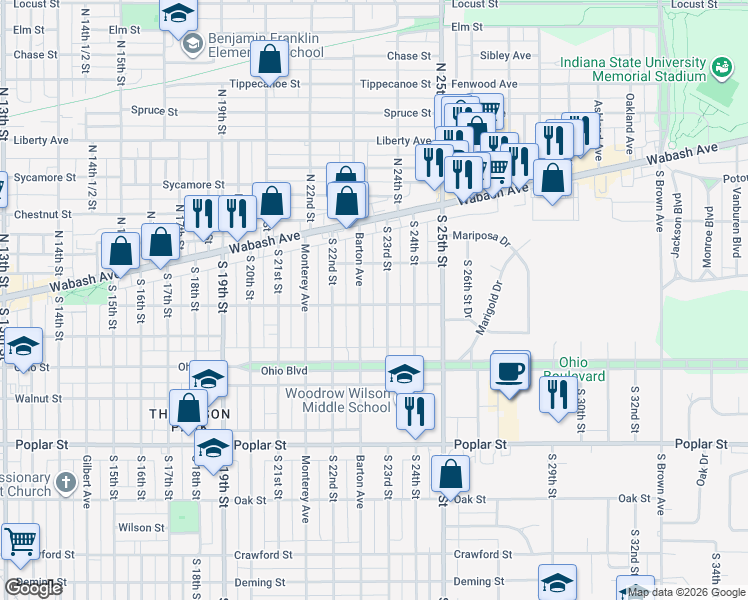 map of restaurants, bars, coffee shops, grocery stores, and more near 133 Barton Avenue in Terre Haute
