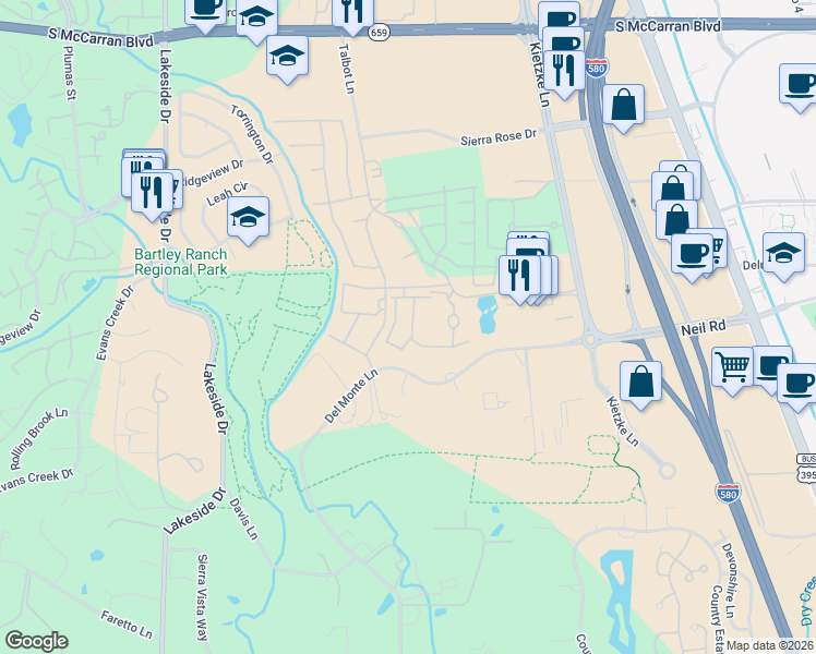 map of restaurants, bars, coffee shops, grocery stores, and more near 6001 Talbot Lane in Reno