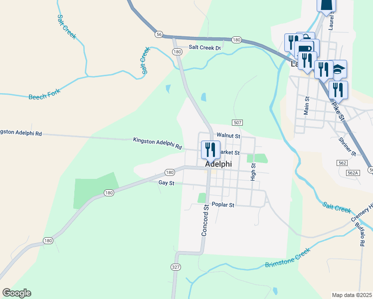 map of restaurants, bars, coffee shops, grocery stores, and more near 15489 Kingston Adelphi Road in Laurelville