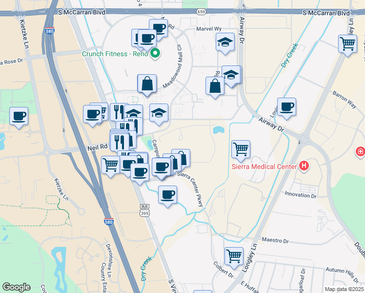 map of restaurants, bars, coffee shops, grocery stores, and more near 6100 Neil Road in Reno