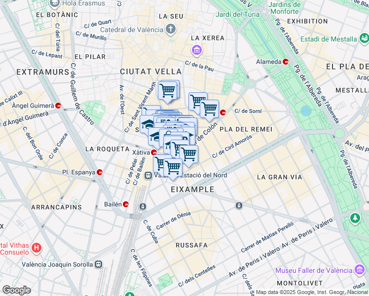 map of restaurants, bars, coffee shops, grocery stores, and more near 7 Carrer de Colón in València