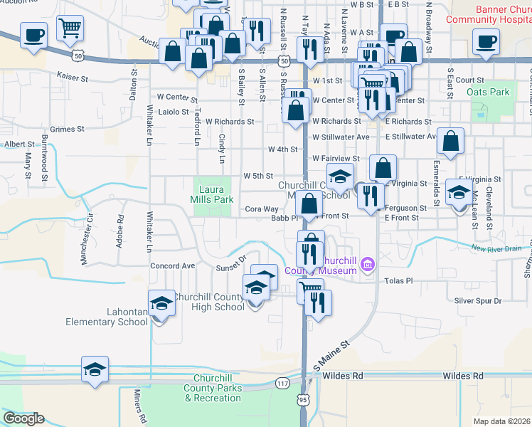 map of restaurants, bars, coffee shops, grocery stores, and more near 550 Cora Way in Fallon