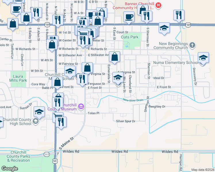 map of restaurants, bars, coffee shops, grocery stores, and more near 695 Douglas Street in Fallon