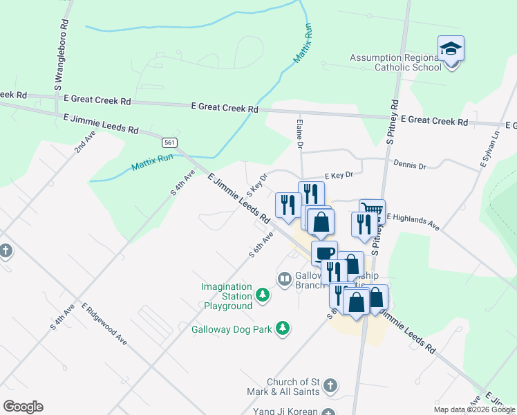 map of restaurants, bars, coffee shops, grocery stores, and more near 303 East Jimmie Leeds Road in Galloway